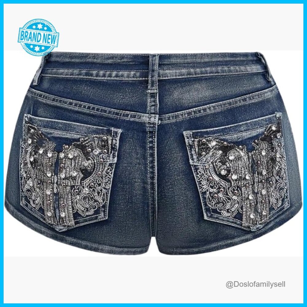 Sparkly Denim Shorts Y2K Skinny Mini Festival Rave Outfit Chic Playful